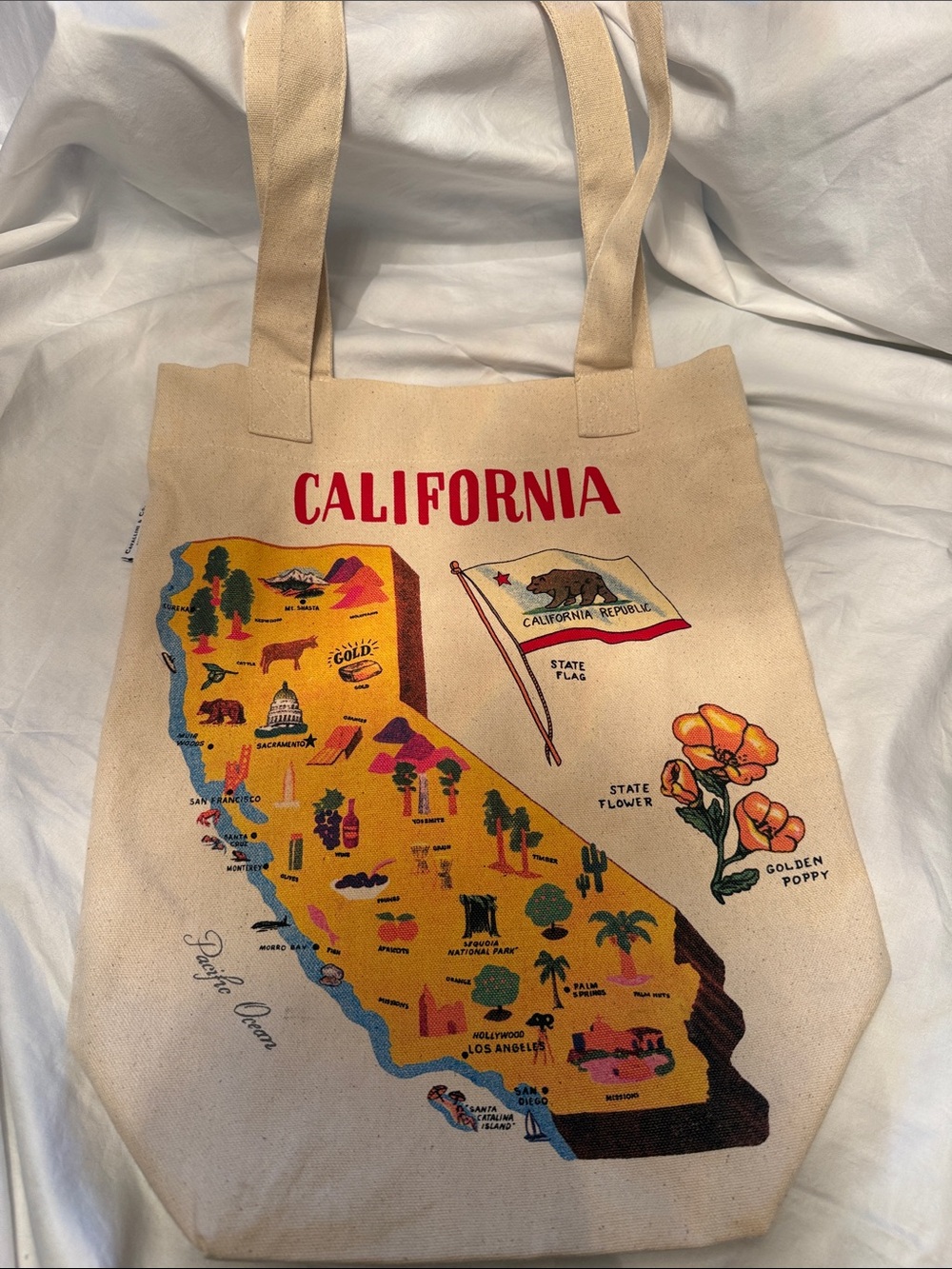 California Map Canvas Tote Bag - Cavallini & Co- Natural with Yellow Print